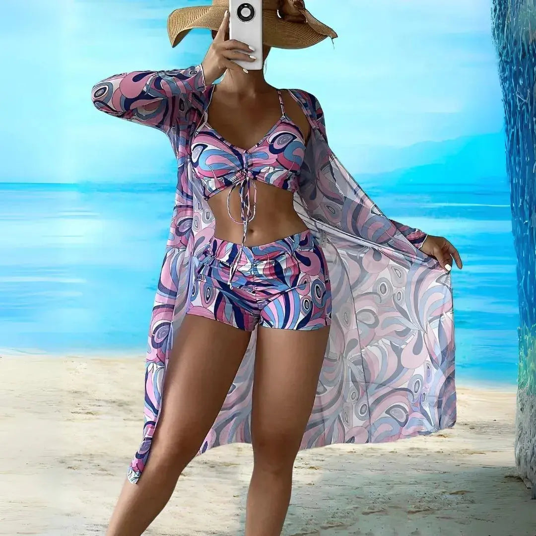 Mika 3-piece bikini set ruched top high-waisted shorts sheer longline cover-up retro print