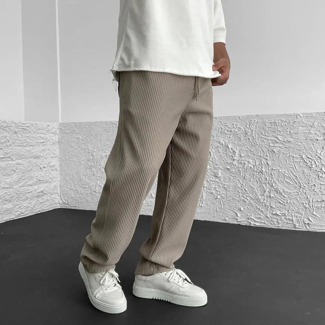 Men's ribbed knit casual pants relaxed fit with adjustable drawstring in soft breathable fabric