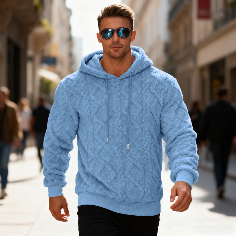 Men's winter knit hoodie in neutral tone, cozy relaxed fit with soft textured pattern for casual wear