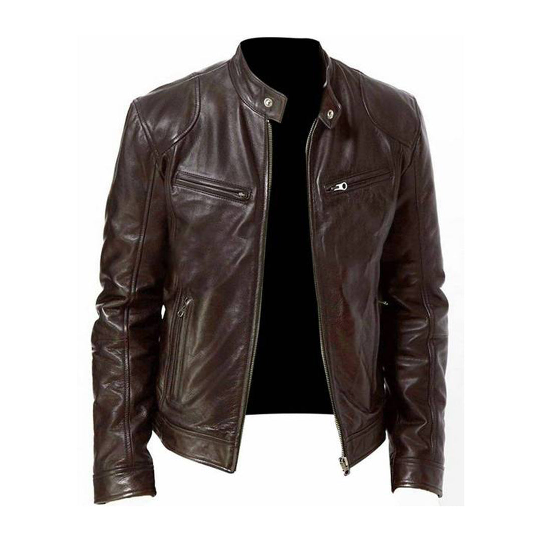 Men's premium black genuine leather biker jacket slim fit stand collar with zipper closure
