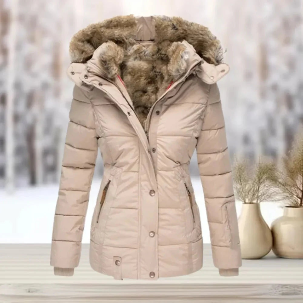 Women's down puffer jacket black fur-lined silhouette with detachable faux fur hood