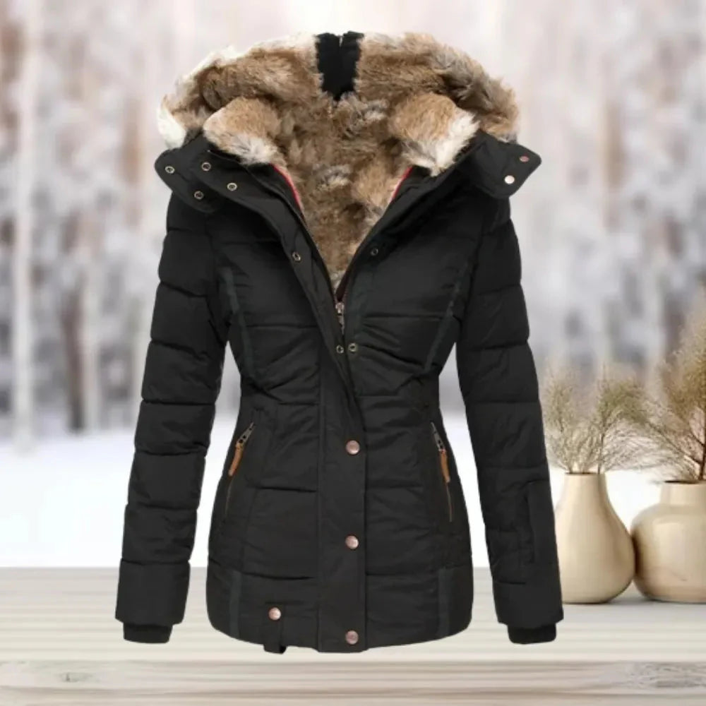 Women's black fur-lined down puffer jacket with detachable faux fur hood, slim silhouette