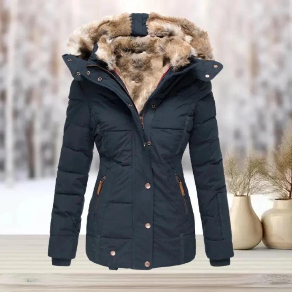 Women's black fur-lined down puffer jacket with detachable faux fur hood, slim silhouette