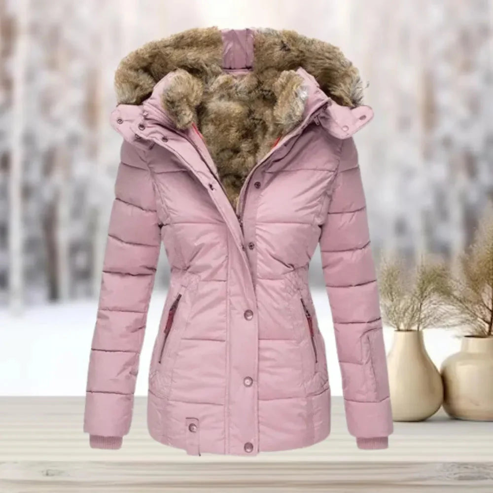 Women's black fur-lined down puffer jacket with detachable faux fur-trimmed hood