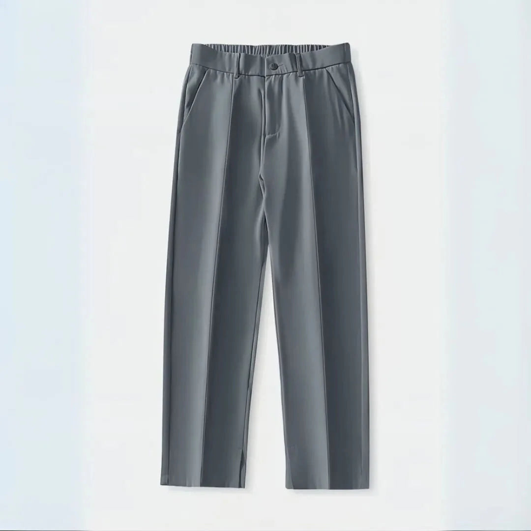 Women's wide-leg pleated dress pants with elastic waist, front pleat detail, full-length tailored silhouette