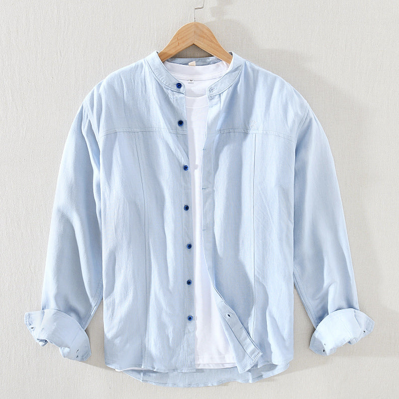 Men's sage green mandarin collar long sleeve shirt, lightweight breathable casual fit