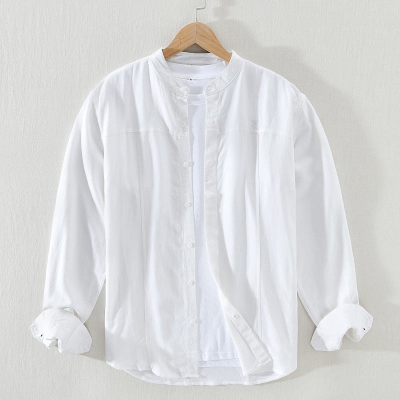 Men's sage green mandarin collar long sleeve shirt lightweight breathable casual fit versatile
