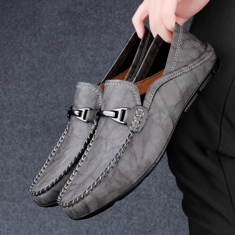 Men's brown genuine leather loafers slip-on casual style with metal bit detail and cushioned insole