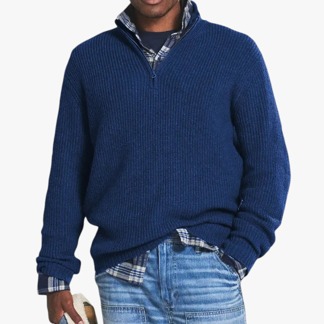 Men's grey cashmere crew neck sweater relaxed business casual fit with premium soft knit texture