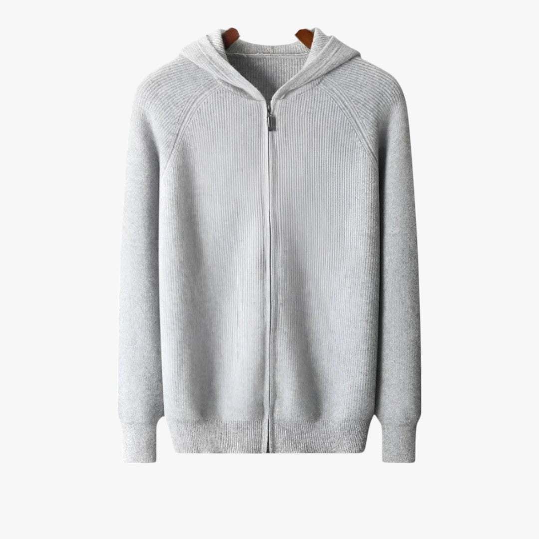 Men's gray cashmere zip-up hoodie with full zip closure, soft knit texture for refined layering