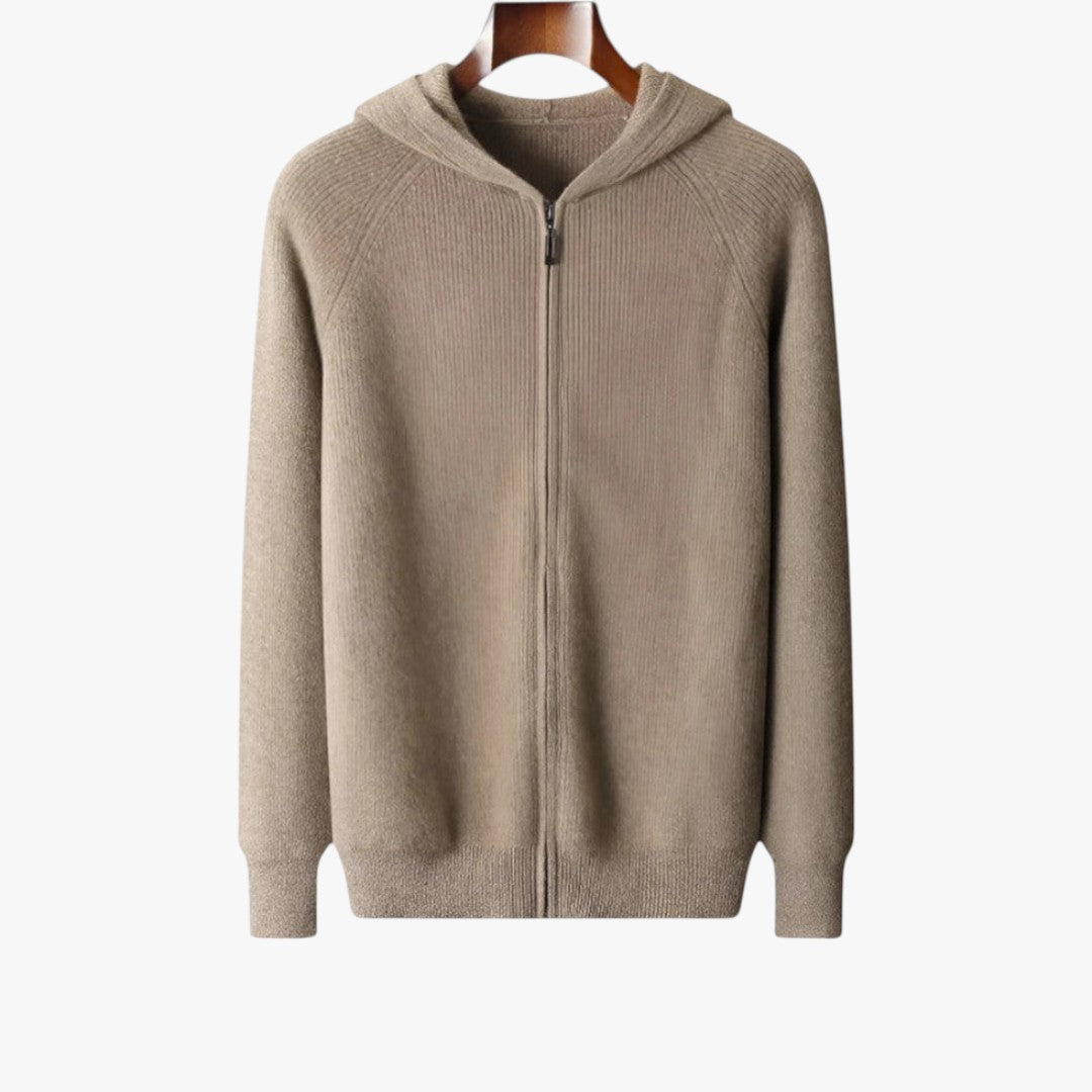 Men's grey cashmere zip-up hoodie with full-length zipper, soft knit texture for refined everyday layering