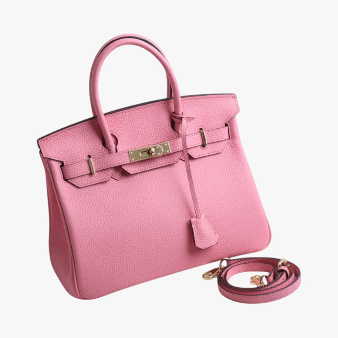 Women's premium structured leather handbag with gold-tone hardware and removable shoulder strap