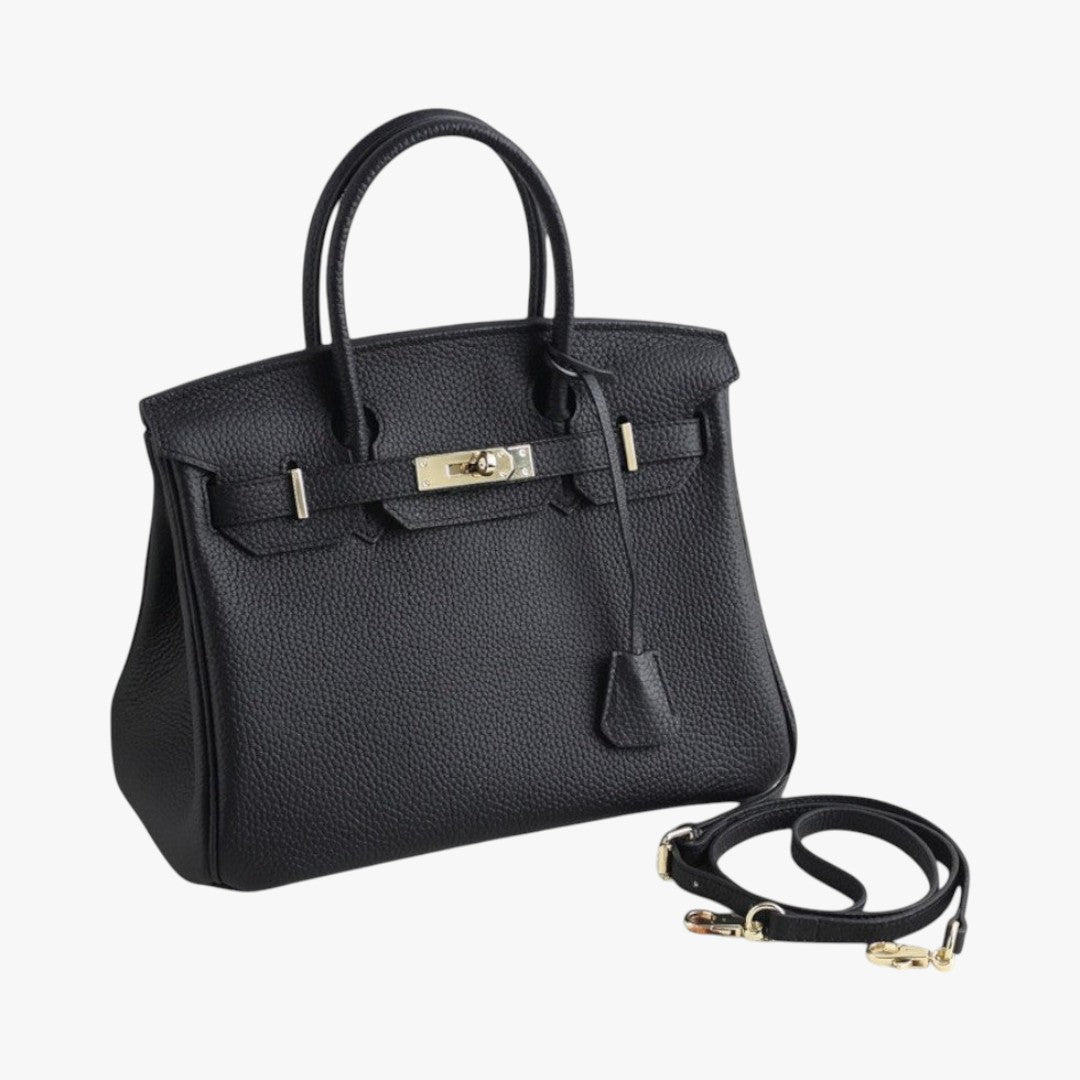 Women's premium structured leather handbag with gold-tone hardware and removable shoulder strap