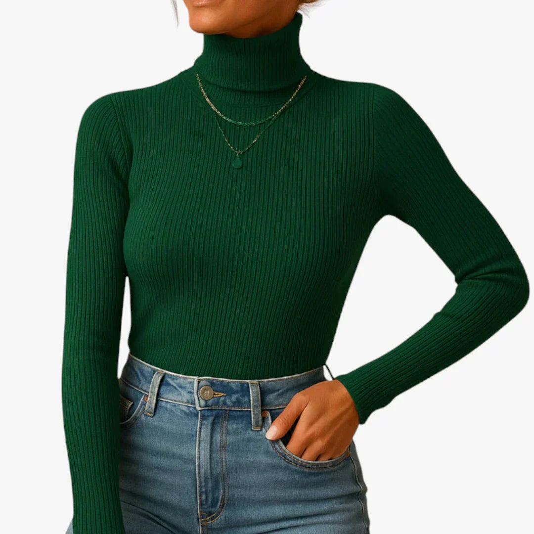 Women's Brooklyn gray knitted turtleneck sweater with folded collar, soft premium yarn, flattering fit