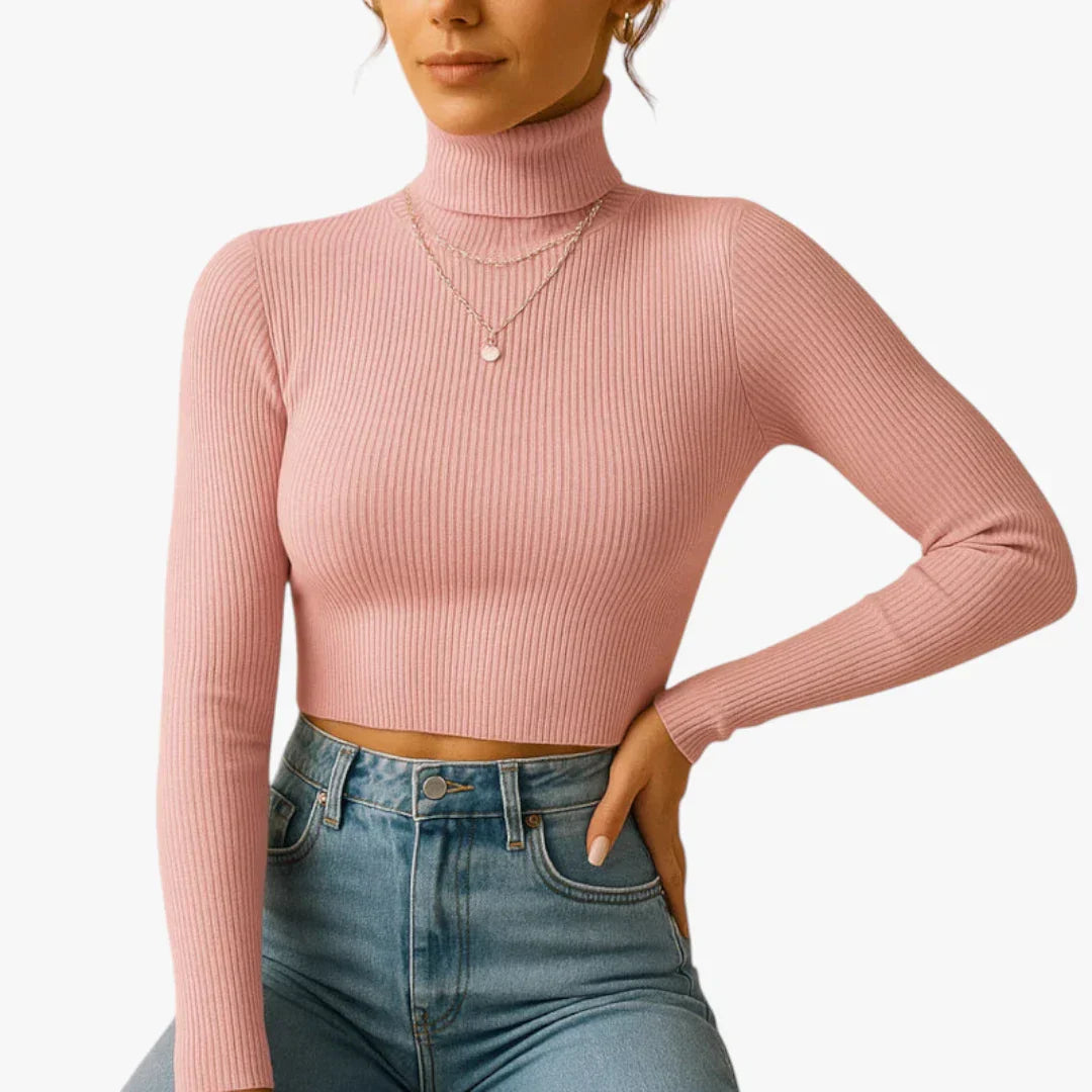 Women's Brooklyn beige knitted turtleneck sweater with folded collar, soft premium yarn, flattering fit