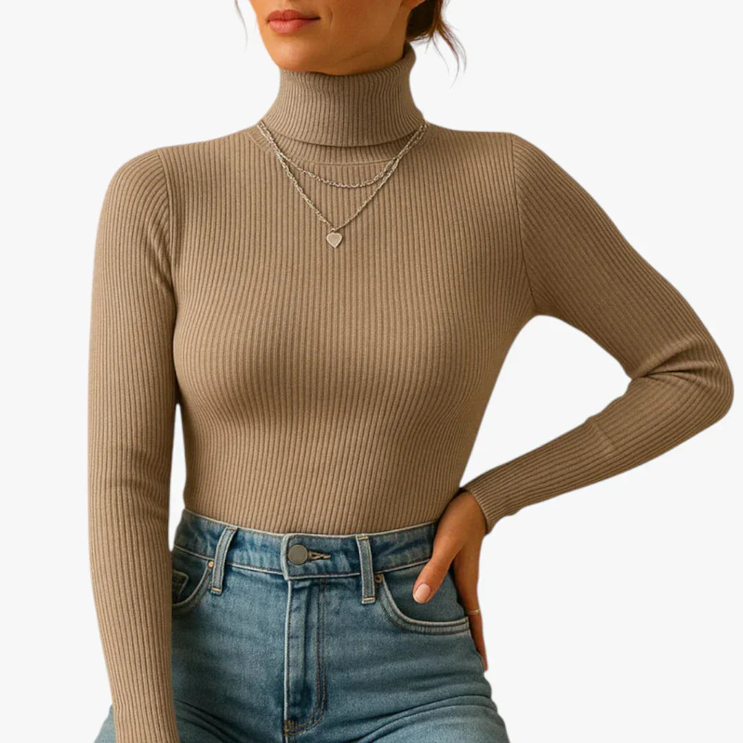 Women's Brooklyn ivory knitted turtleneck sweater with folded collar for wind protection and flattering fit