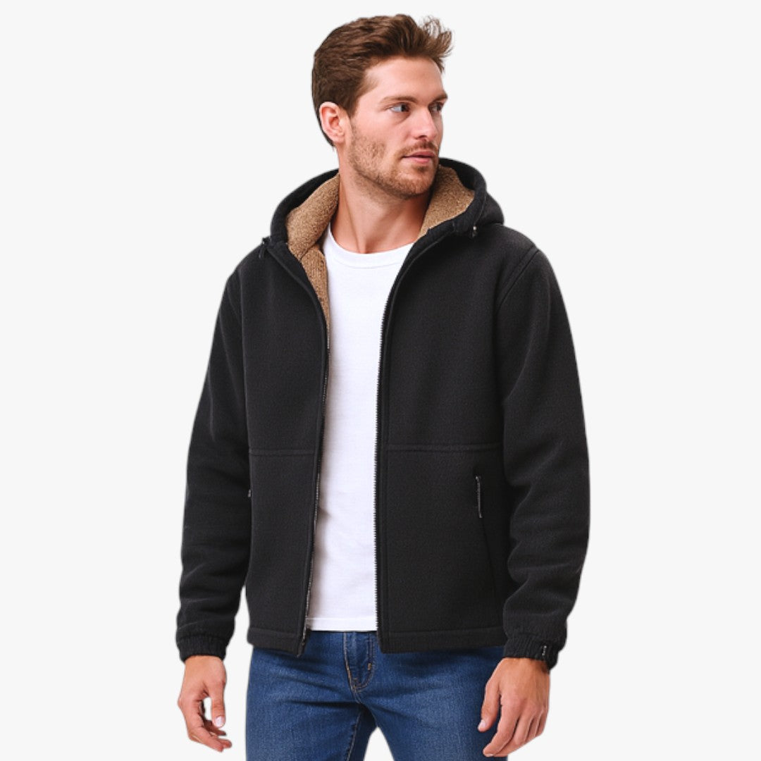 Men's sherpa lined hooded fleece jacket full-zip front pockets casual layering everyday warmth