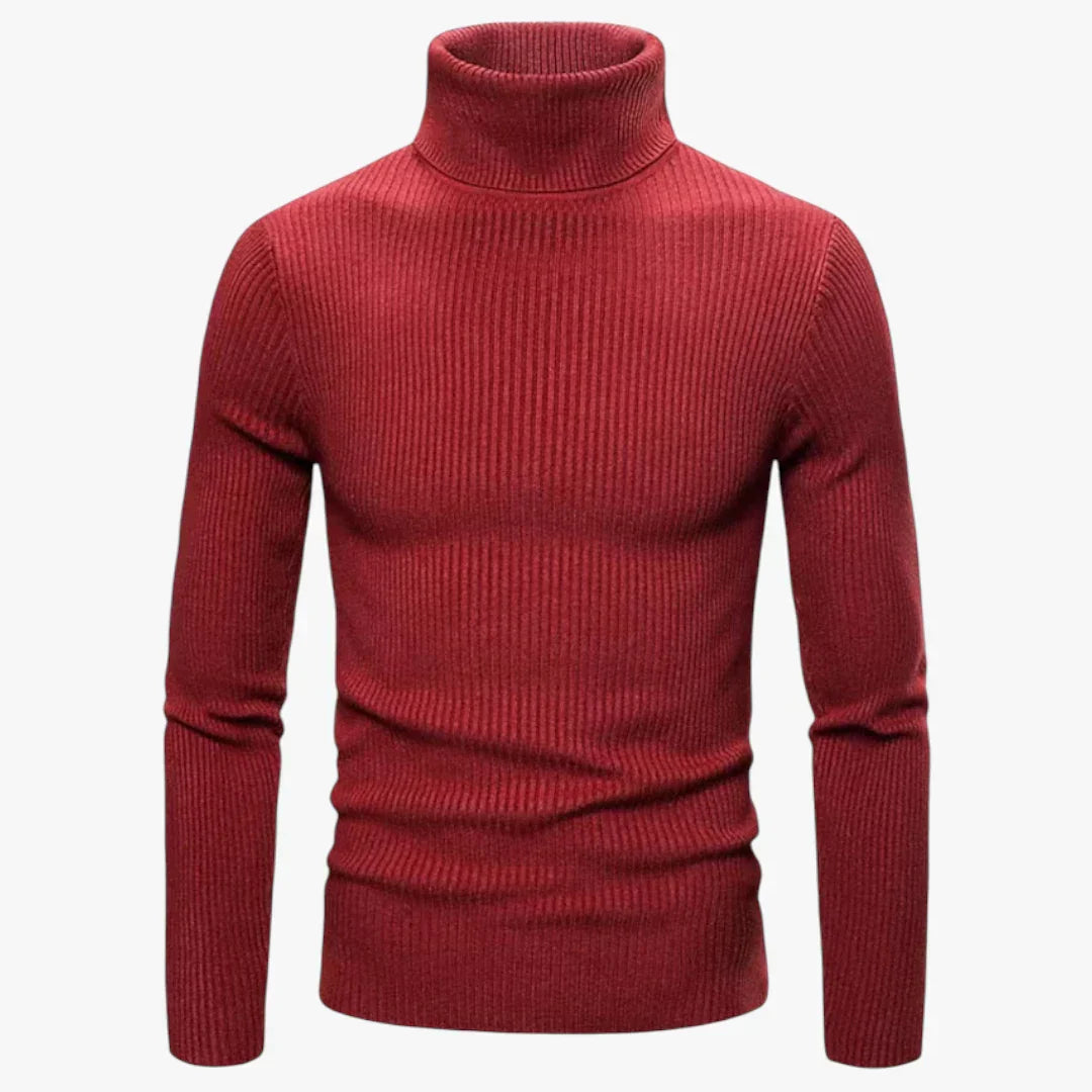 Men's slim-fit wool turtleneck sweater in ribbed knit texture with elegant fitted silhouette