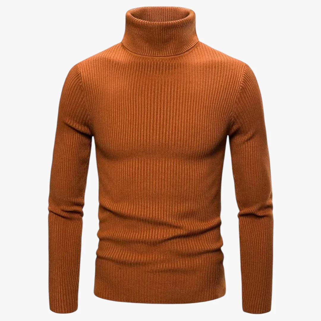 Men's slim-fit wool turtleneck sweater in ribbed knit texture, elegant layerable silhouette