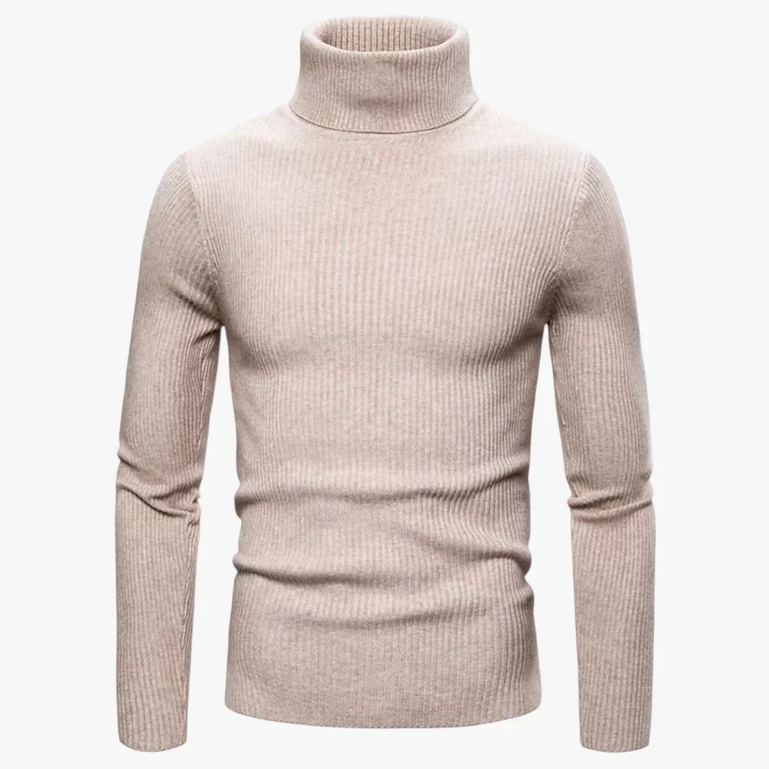 Men's slim-fit wool turtleneck sweater in ribbed knit texture, elegant layerable silhouette