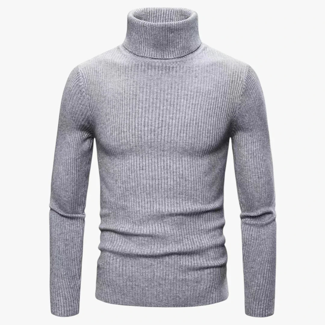 Men's slim-fit wool turtleneck sweater in ribbed knit texture, elegant layerable silhouette