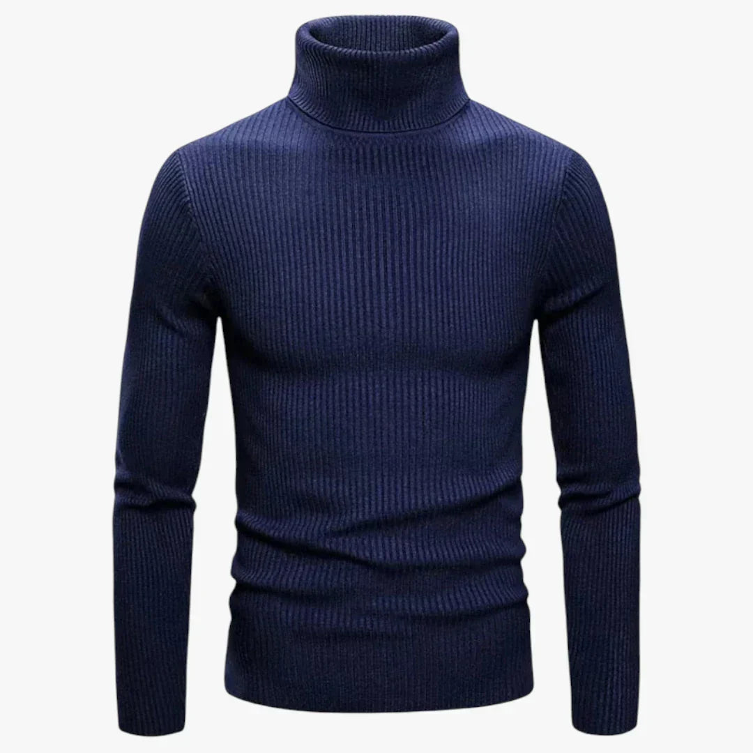 Men's slim-fit wool turtleneck sweater in ribbed knit texture, elegant layerable silhouette