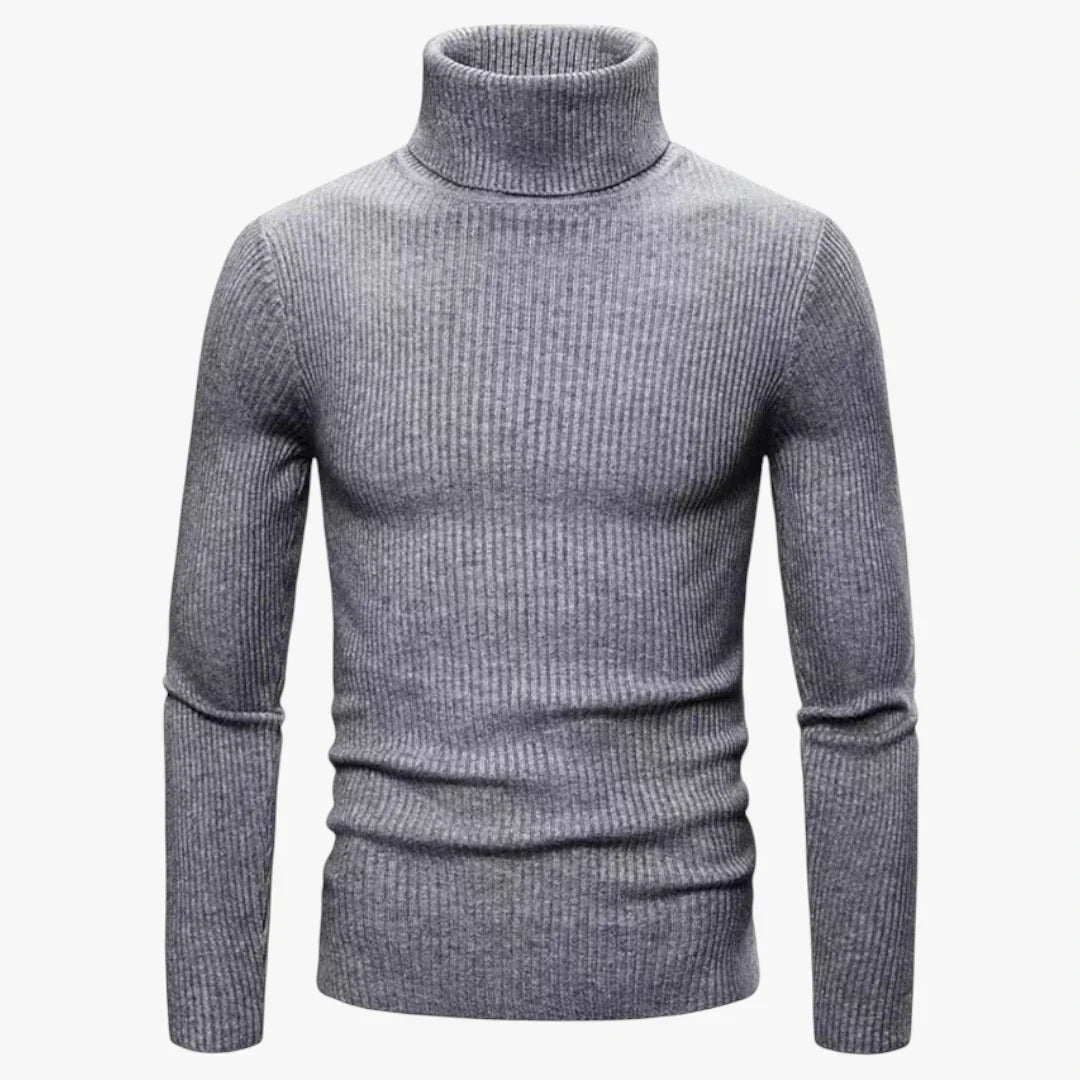 Men's slim-fit wool turtleneck sweater with ribbed texture, elegant knit silhouette for layering