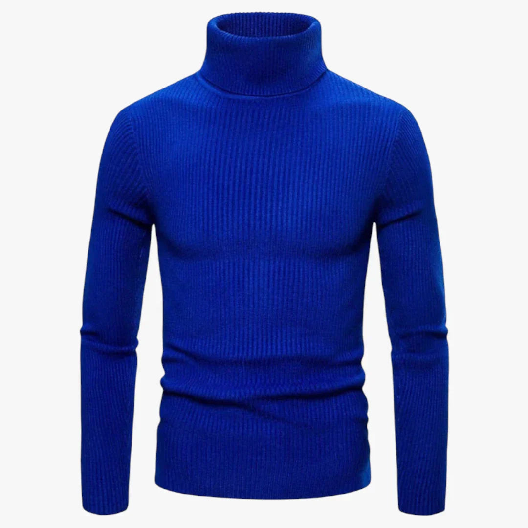 Men's slim-fit wool turtleneck sweater in ribbed knit texture, elegant layerable silhouette