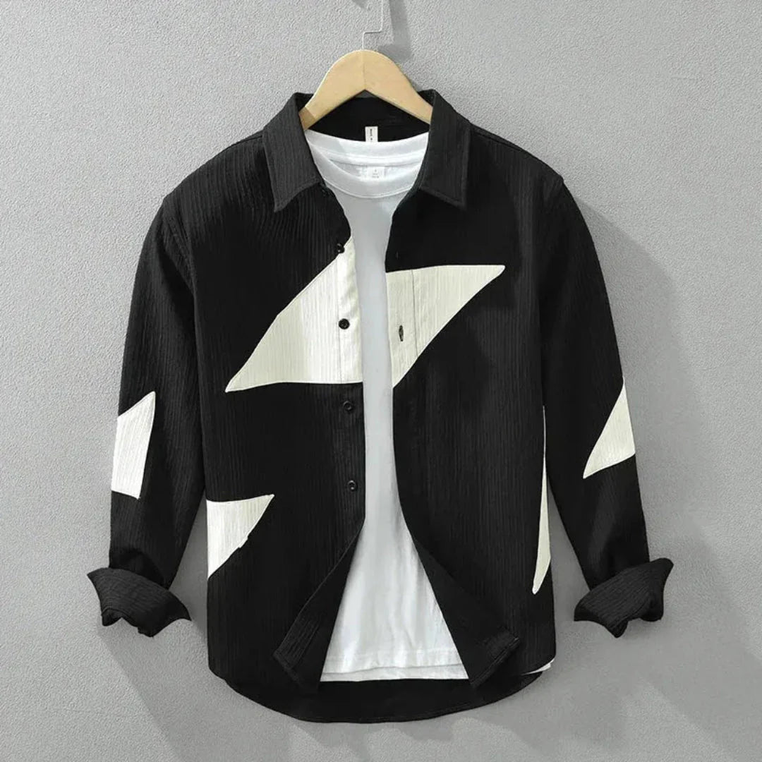 Men's long sleeve cotton shirt with bold contrasting geometric panels in a contemporary relaxed fit