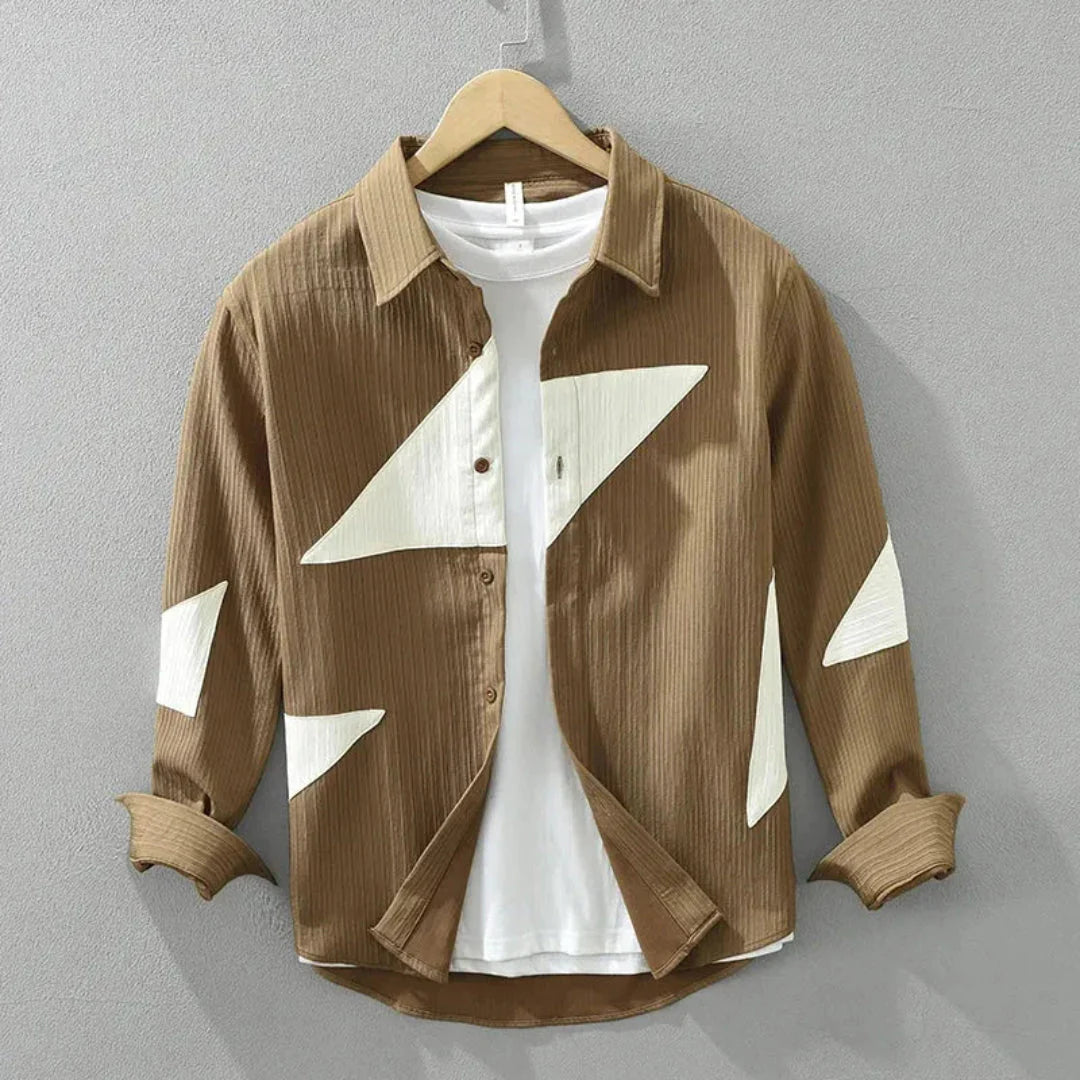 Miles white cotton long sleeve shirt with bold contrasting geometric panels for a contemporary everyday look