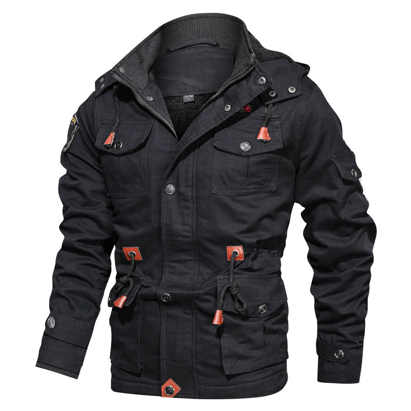 Men's olive military cotton jacket hooded mid-length with thick fleece lining and multiple pockets