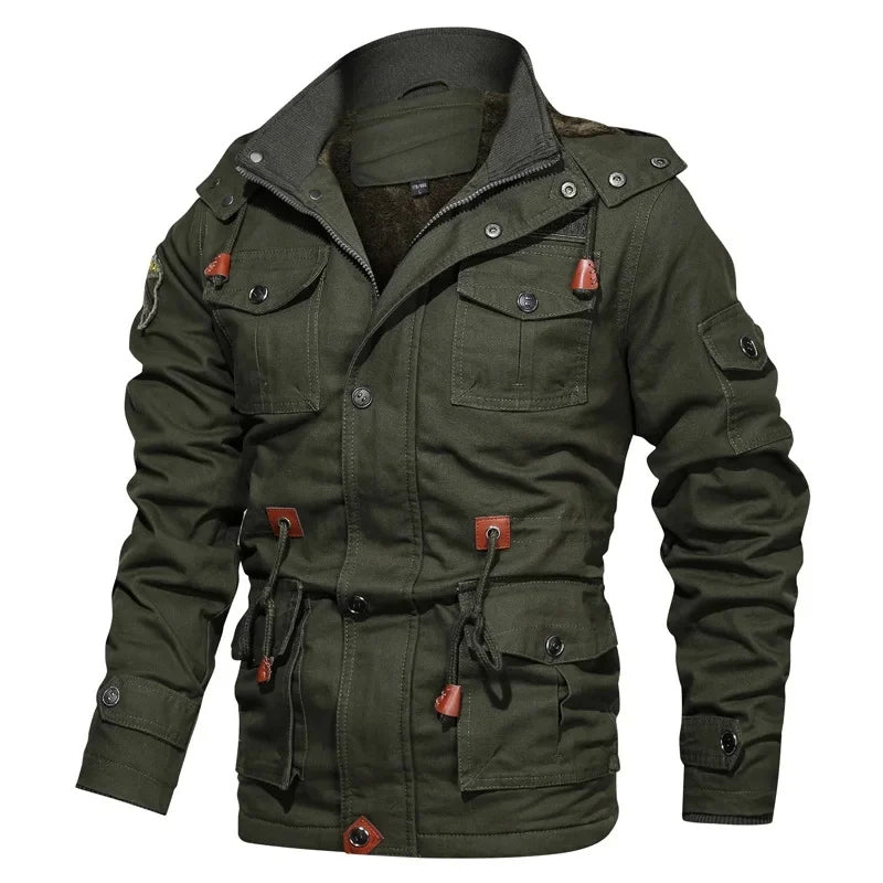 Men's olive military-style hooded cotton jacket with thick fleece lining, mid-length cut and multiple pockets