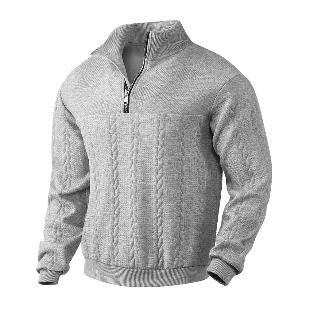 Unisex cable knit quarter-zip sweatshirt with fleece interior, versatile layering warmth