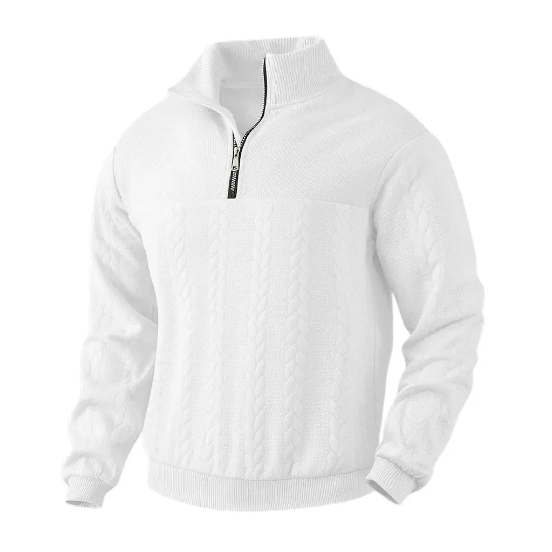 Unisex cable knit quarter-zip sweatshirt with soft fleece interior for versatile cold-weather layering
