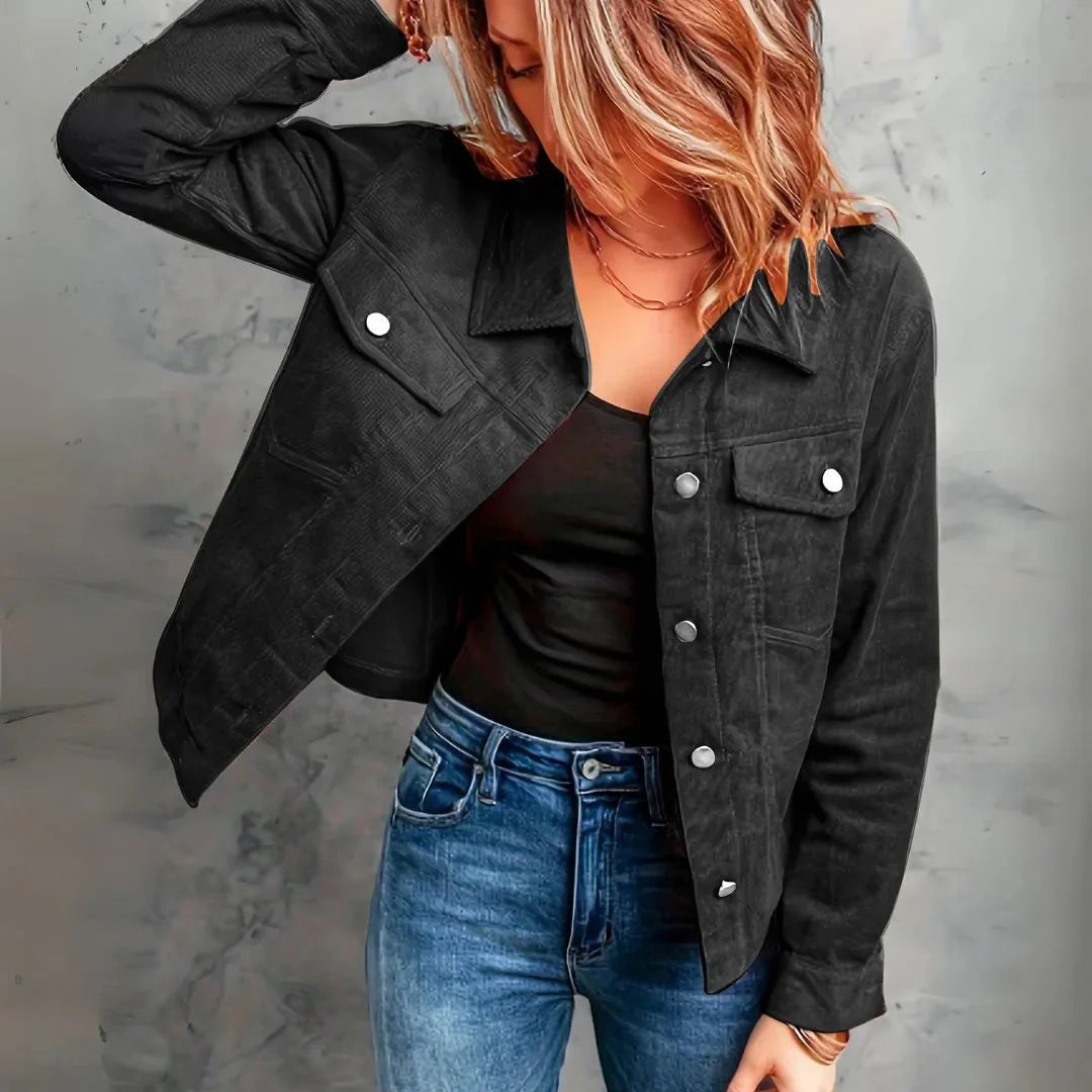 Women's tailored corduroy jacket with snap buttons, structured fit for day-to-night layering