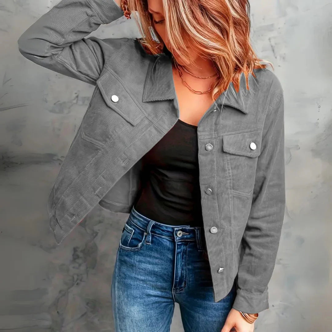 Women's tailored corduroy jacket snap buttons day-to-night layering polished casual fit