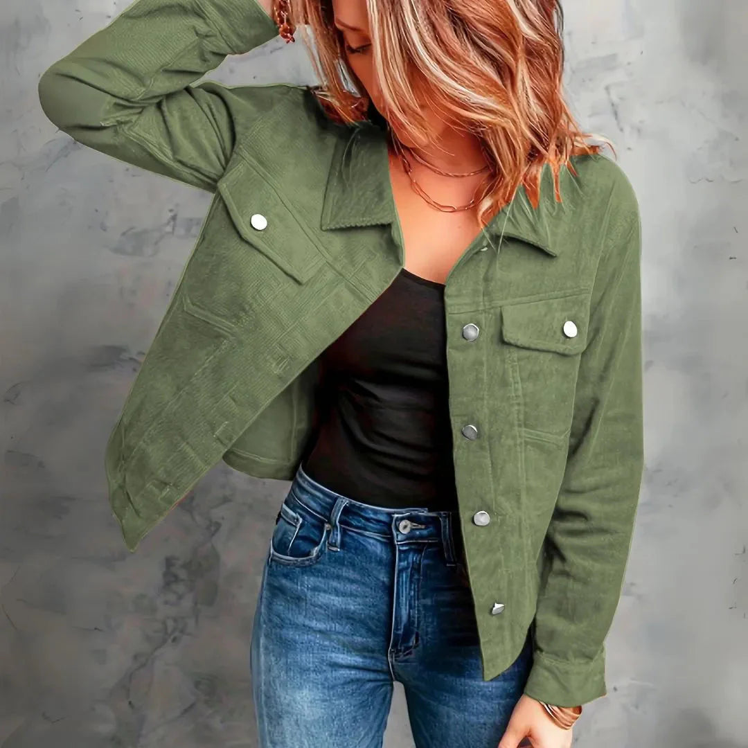 Women's tailored corduroy jacket with snap buttons, polished casual fit for day-to-night layering