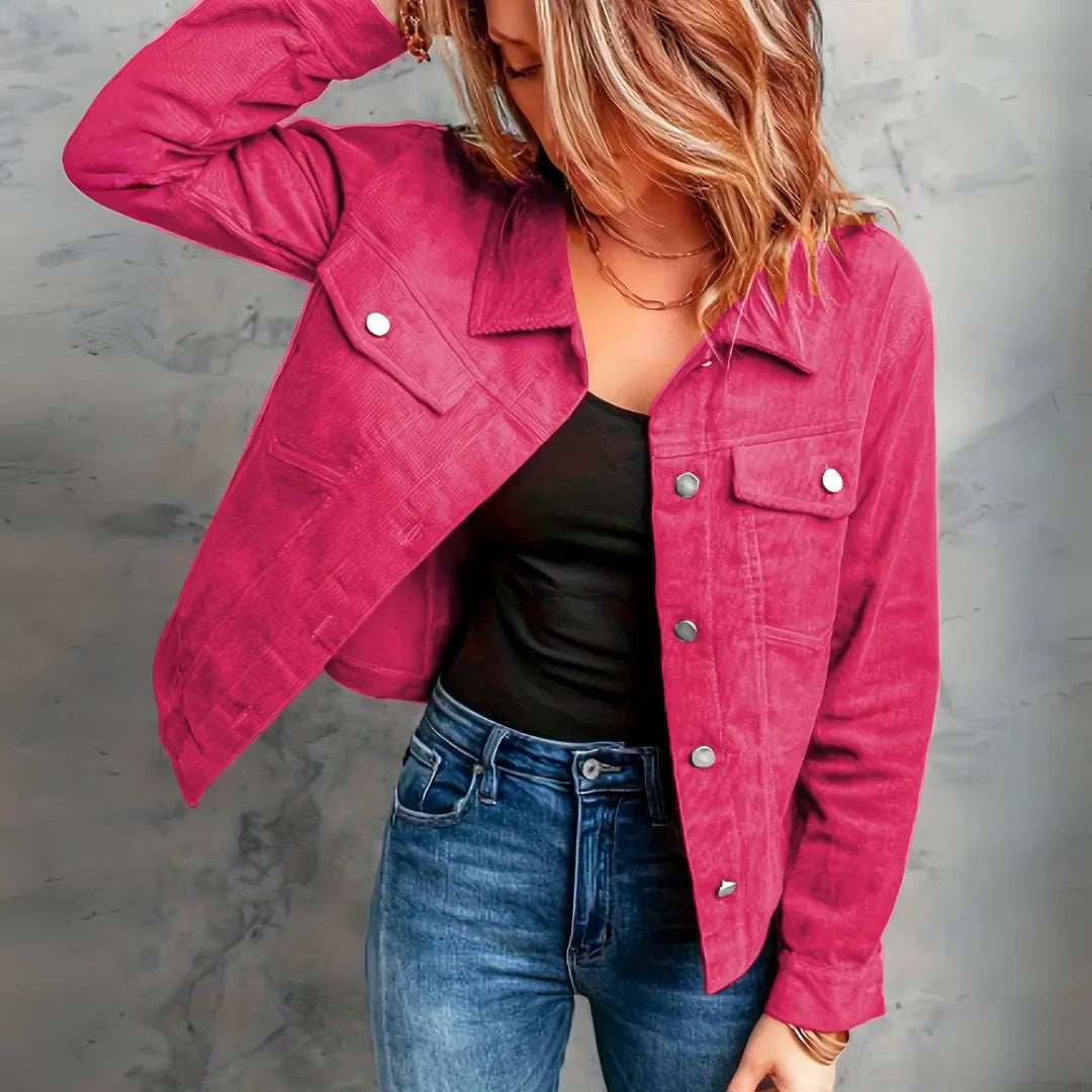 Women's tailored corduroy jacket with snap buttons, polished casual fit for day-to-night layering