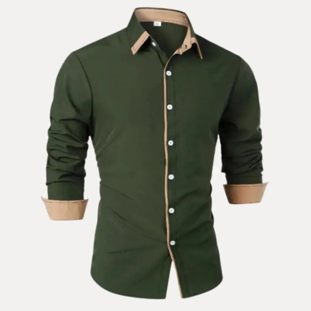 Men's slim fit long sleeve dress shirt with contrast placket, collar, and cuff detailing