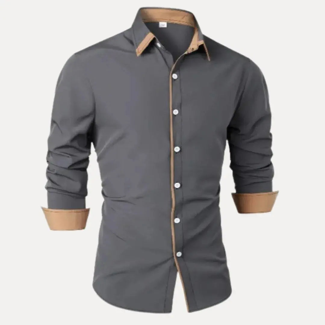 Men's slim fit long sleeve shirt with contrast placket, collar, and cuff detailing for smart-casual style