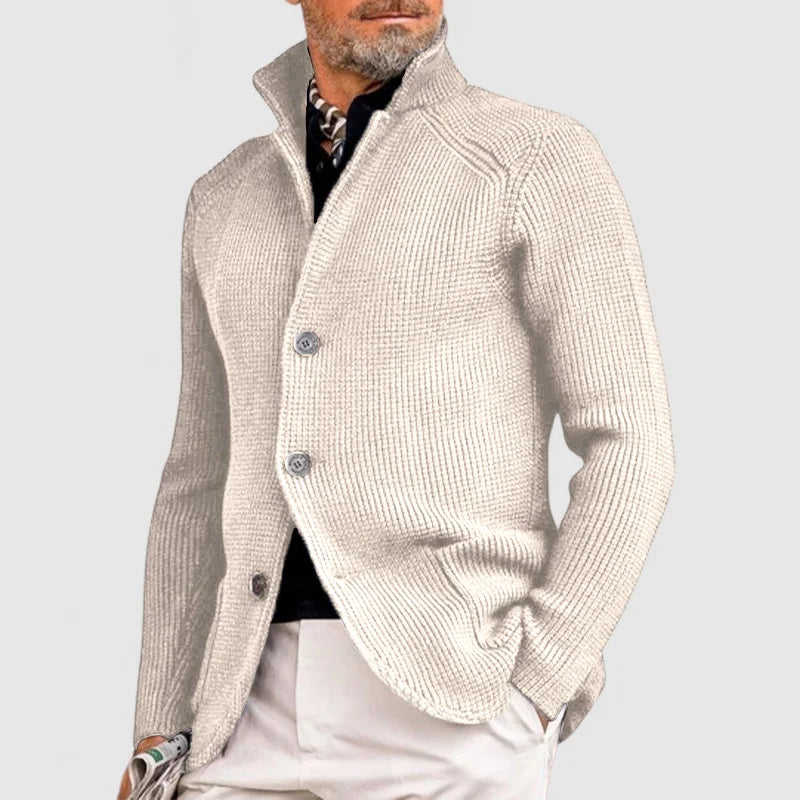 Men button-up knit cardigan structured ribbed texture layering warmth everyday comfort classic fit