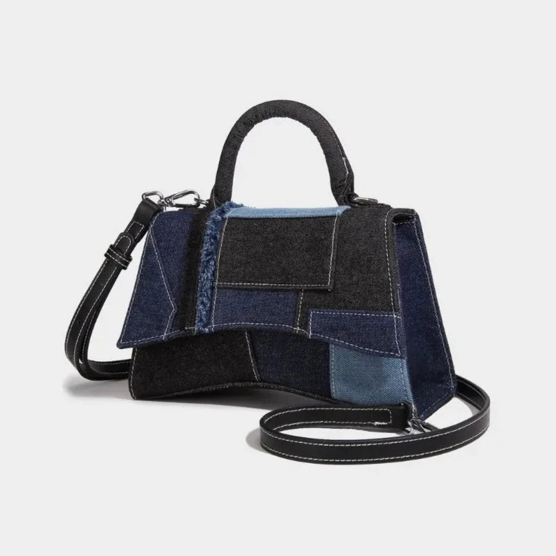 Denim patchwork mini handbag structured silhouette raw-edge panels crossbody womens everyday bag