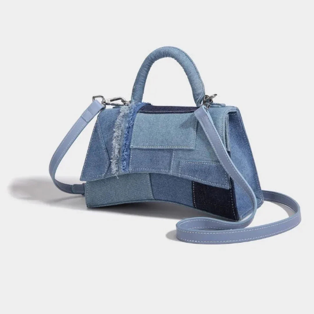 Denim patchwork mini handbag structured silhouette raw-edge panels crossbody convertible women