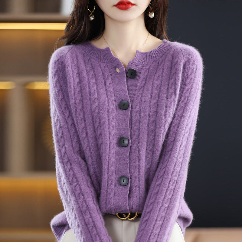 Women's neutral cable knit cardigan minimalist chic style with soft plush texture and clean lines