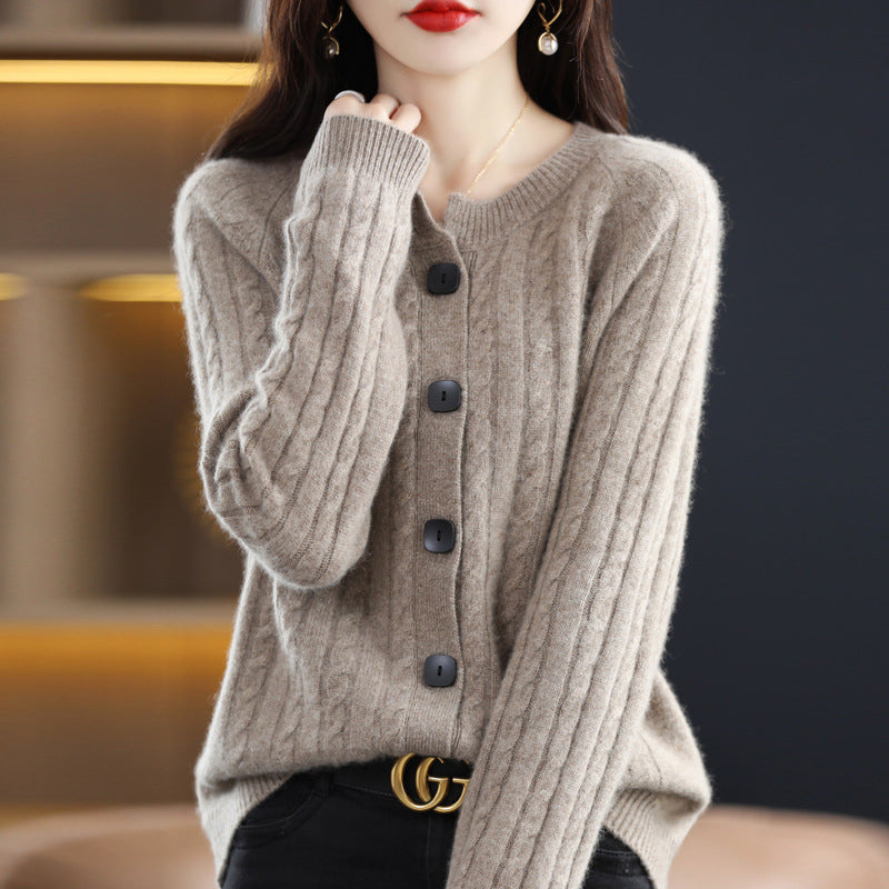 Women's neutral cable knit cardigan minimalist chic style with soft plush texture and clean lines
