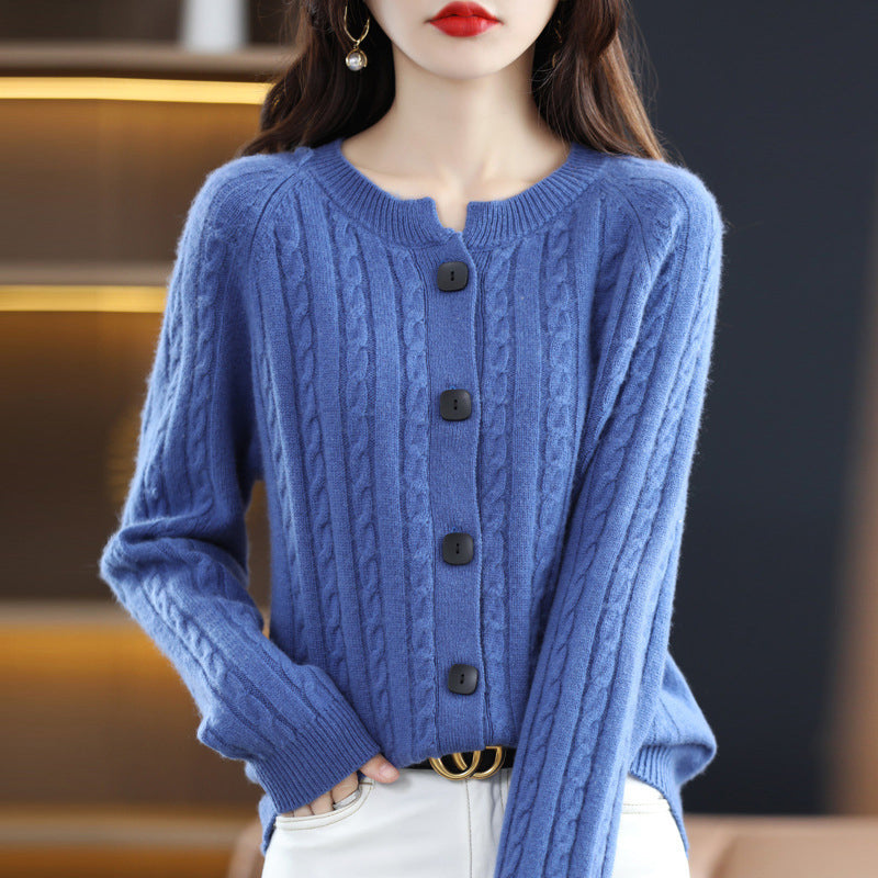 Women's neutral cable knit cardigan minimalist style soft acrylic blend cozy winter layering piece