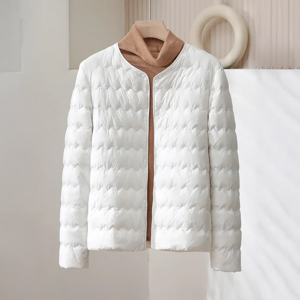 Black collarless quilted down jacket wave-pattern insulation wind-resistant nylon urban style