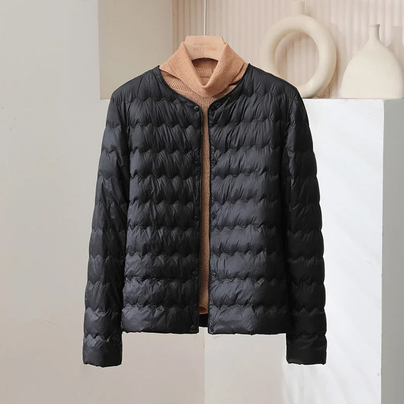 Black collarless quilted down jacket wave-pattern insulation wind-resistant nylon urban fit