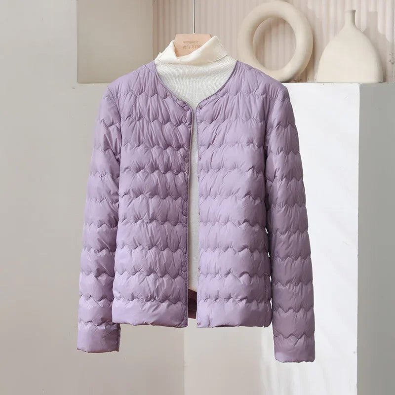 Black collarless quilted down jacket wave-pattern insulation wind-resistant nylon urban style