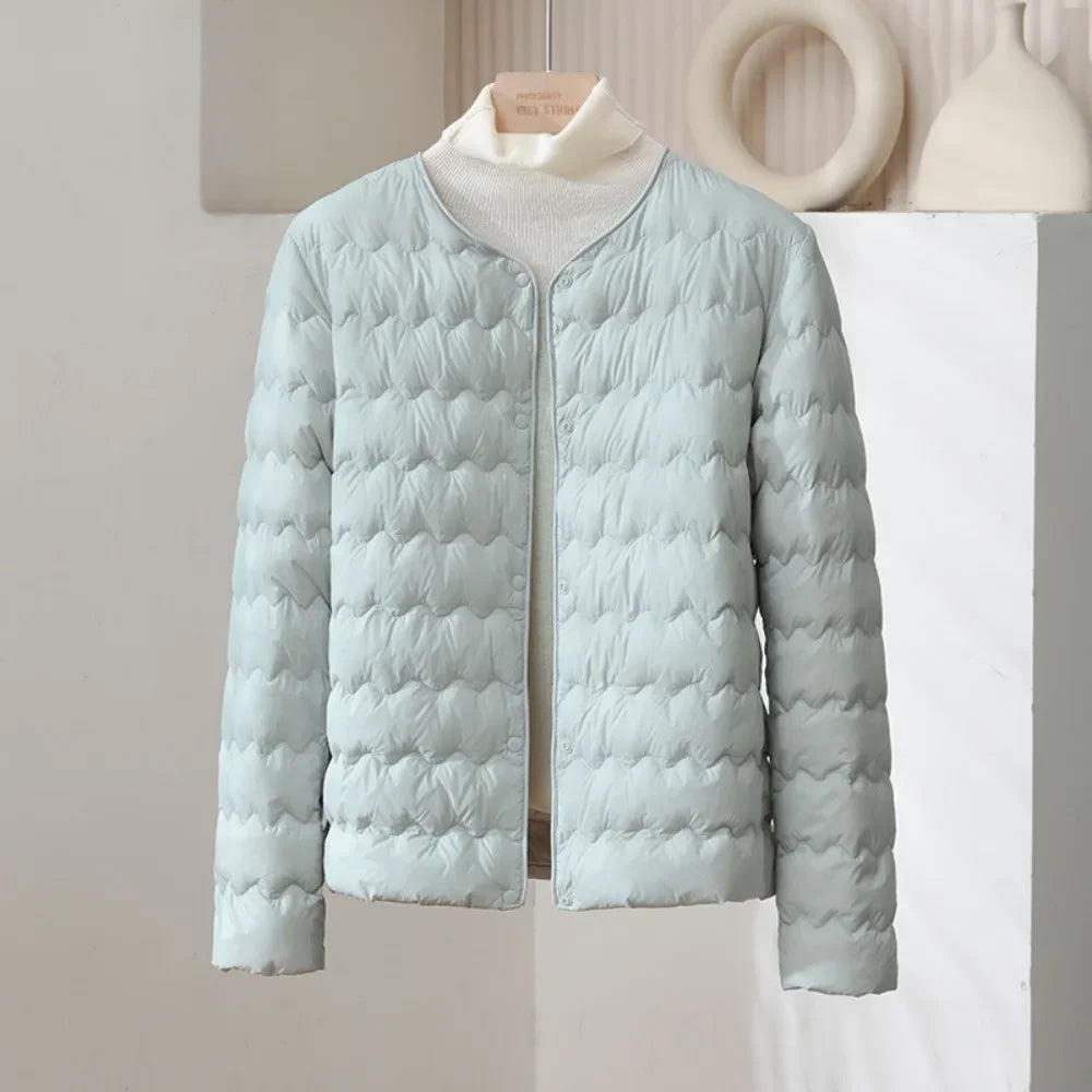 Black collarless quilted down jacket wave-pattern insulation wind-resistant nylon urban fit
